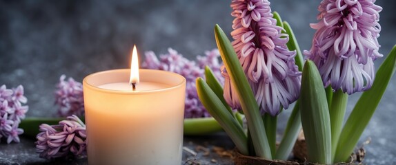 Poster - Elegant candle beside blooming hyacinth flowers on a textured background with ample copy space for creative design purposes. High-quality image.