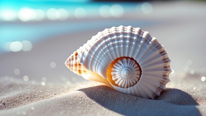 Poster - Close-up view of a detailed seashell on soft sandy beach highlighting natural beauty and serenity in a tranquil seaside setting.