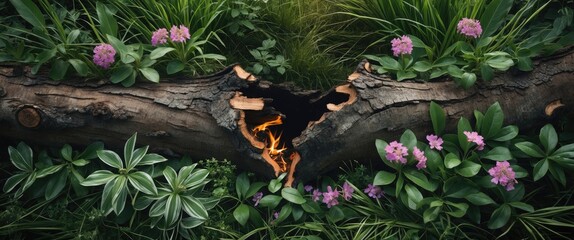 Poster - A broken tree trunk surrounded by vibrant green grass and flowers creating a serene forest scene with a hint of firewood glow.
