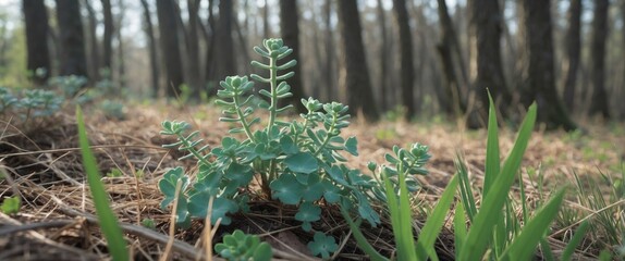Poster - Ajuga Ciliata Plant Growing Among Grass In A Spring Forest Setting With Empty Space For Text Or Design Elements