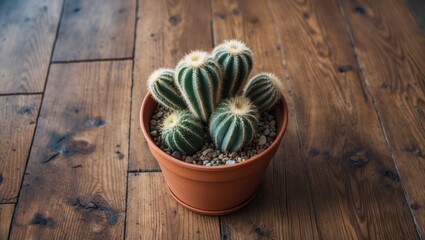 Poster - Cactus Arrangement in Terracotta Pot on Wooden Floor with Natural Light and Texture Elements for Home Decor and Interior Design Inspiration