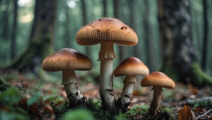 Poster - Closeup of vibrant mushrooms in a serene forest setting showcasing nature's details and textures in a tranquil atmosphere.