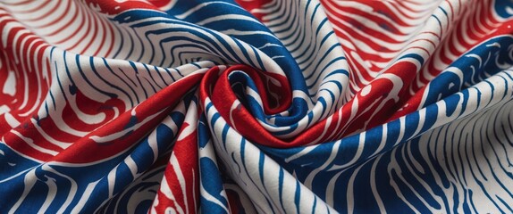 Poster - Vibrant Sorei fabric featuring intricate spiral patterns in red, blue, and white ideal for textiles and design applications.