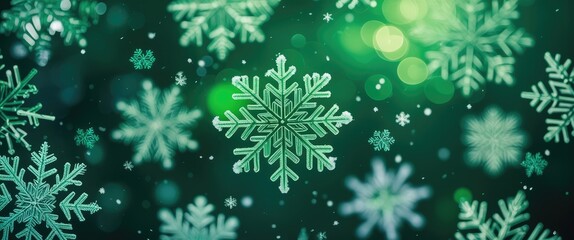 Canvas Print - Bright green and white snowflake bokeh background with soft glowing lights creating a festive and cheerful winter atmosphere.