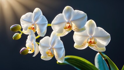 Poster - Elegant white cymbidium orchid illuminated by soft afternoon sunlight against a black background, perfect for floral decor and design projects.