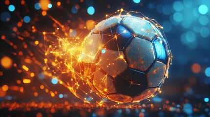 Wall Mural - Energetic Soccer Ball Stock Photo - A dynamic image of a soccer ball with glowing particles, perfect for sports, energy, and technology themes.