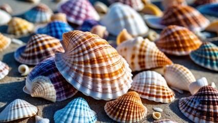 Poster - Close-up view of colorful seashells on a sandy beach highlighting diverse textures and shapes in a natural coastal setting.