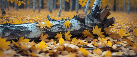 Poster - Birch log resting on a carpet of vibrant yellow leaves in an autumn forest scene showcasing seasonal beauty and natural tranquility.