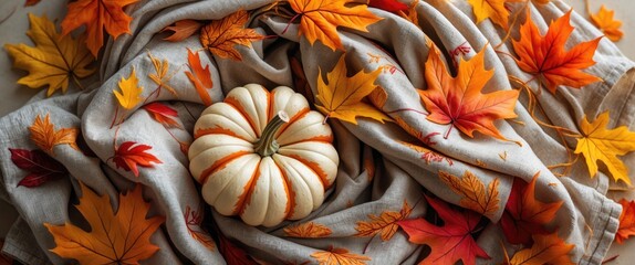 Canvas Print - Autumn themed flat lay of seasonal fabric adorned with vibrant leaves and a decorative pumpkin for cozy fall decor inspiration