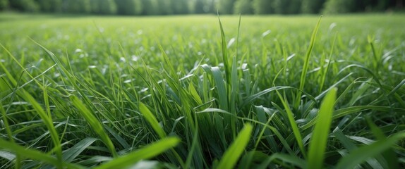 Poster - Lush green grass in a meadow close-up, perfect for nature-themed backgrounds, backdrops, or wallpapers to evoke tranquility and freshness.