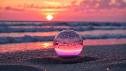 Wall Mural - Glass ball reflecting a vibrant orange and pink sunset over the ocean waves on a sandy beach creating a serene and magical atmosphere