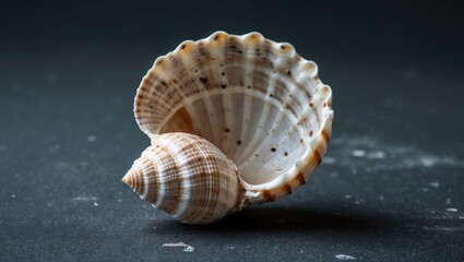 Poster - close-up of a beige seashell on a dark background highlighting texture and details with selective fo