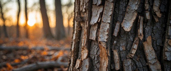 Poster - Close-up of textured tree bark illuminated by warm sunlight in a serene forest setting during sunset