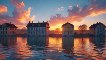 Wall Mural - serene sunset reflection over old buildings by the lake creating a peaceful atmosphere with space fo