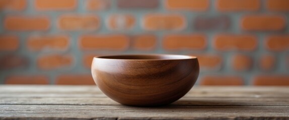 Poster - Wooden bowl with smooth finish empty on wooden surface against blurred orange brick wall background showcasing rustic decor elegance