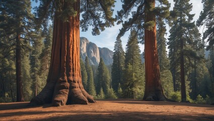 Poster - Majestic Sequoia Trees in a Serene Forest Landscape with Expansive Copy Space for Text and Mountain Backdrop