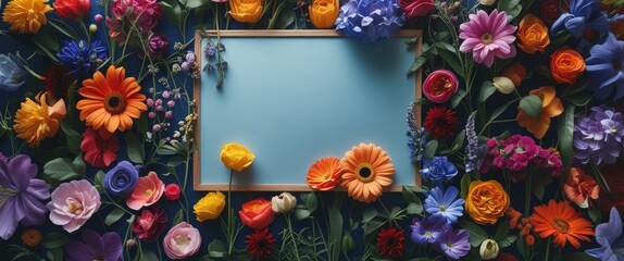 Poster - Vibrant floral background with an empty board for business messages or creative displays in a lively and colorful arrangement.