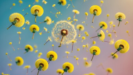 Poster - Yellow Dandelion Flowers Illuminated Against a Soft Pastel Background Creating a Dreamy and Ethereal Levitation Effect