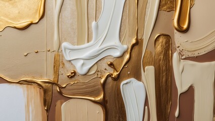 Wall Mural - Abstract canvas painting with gold, bronze, beige, and white smear textures, showcasing modern art's vibrant brushstroke techniques.