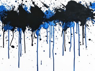 Poster - Abstract blue and black paint splatters and drips on white background. (1)