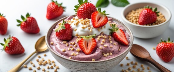 Poster - Delicious Acai Bowl Topped With Fresh Strawberries, Cream, Grains And Condensed Milk Against White Background Ideal For Healthy Eating Promotions