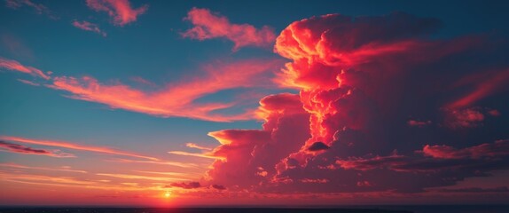 Poster - vibrant sunset sky with dramatic red clouds contrasting against a deep blue backdrop, creating a stu