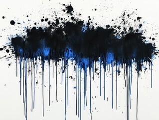Poster - Abstract black and blue paint splatter and drips on white background.