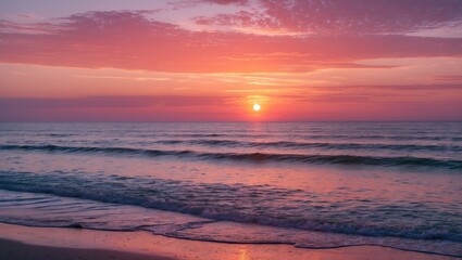 Poster - Tranquil sunset over the sea with a blend of orange, pink, and purple hues creating a serene and picturesque coastal scene.