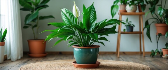 Canvas Print - Lush green Peace Lily houseplant in a stylish pot enhancing a cozy indoor garden atmosphere with natural light and wooden flooring.