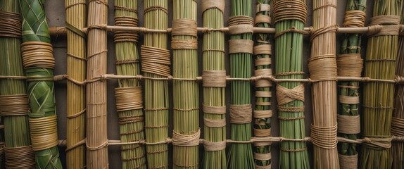Poster - Woven pandanus leaves styled in a neat arrangement showcasing texture and natural colors for artistic or decorative purposes