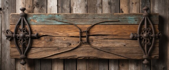 Poster - Rustic wooden board with weathered texture and ornate iron fittings showcasing traditional craftsmanship and vintage appeal.