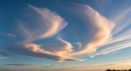 Poster - Whimsical Cirrus and Stratus Clouds Grace the Expansive Morning Sky in Soft Pastel Hues