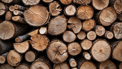 Poster - Texture of freshly cut tree branches showcasing natural wood patterns and rings with detailed grain and cracks in a stacked arrangement.