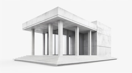 Sticker - Modern architectural structure with concrete pillars and large glass windows, set against a minimalistic white background