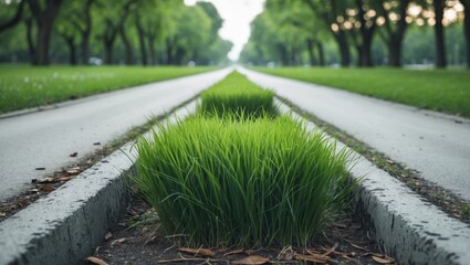 Wall Mural - lush green grass growing between two concrete road lanes surrounded by park greenery in a tranquil, 