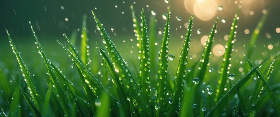 Wall Mural - Close-up of glistening raindrops on green grass blades in soft morning light showcasing nature's beauty and fresh textures.