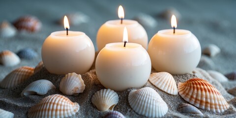 Poster - Spherical candles on sandy beach with seashells creating a serene ambiance perfect for relaxation and mindfulness themes