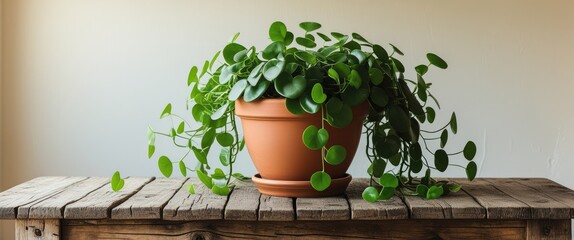 Poster - Green leafy plant in a terracotta pot on rustic wooden table creating a serene indoor garden ambiance for home or office decor.