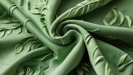 Poster - Close-up of green fabric featuring a leaf design with delicate folds and soft lighting highlighting its texture and natural beauty.