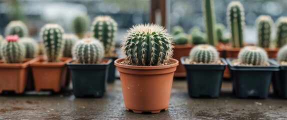 Poster - Cactus in a clay pot surrounded by small cacti at a plant nursery with empty space for text and weathered table background