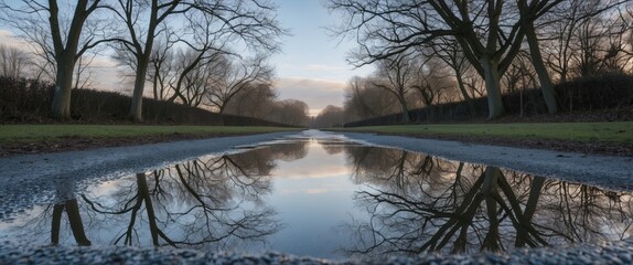 Poster - serene reflection of tree branches in puddles along a gravel path under a tranquil sky creating an a