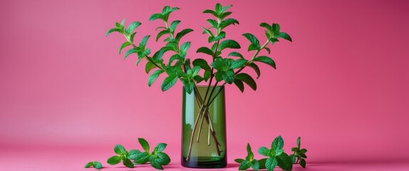 Sticker - Fresh peppermint sprigs in a tall green vase on a vibrant pink background creating a refreshing and modern aesthetic for your projects