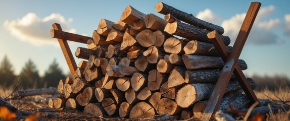 Canvas Print - Firewood stacked and drying under sunlight in a tranquil outdoor setting with clear skies and natural surroundings.