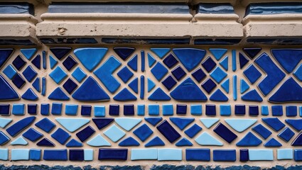 Canvas Print - Ceramic mosaic detail in navy blue and light blue hues elegantly decorating a building's exterior with geometric patterns and textures.