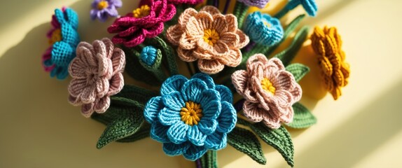 Poster - colorful crochet flower arrangement on a light yellow background showcasing intricate details and vi