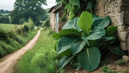 Poster - Lush green plant with large leaves flourishing beside a tranquil rural path in a scenic landscape.