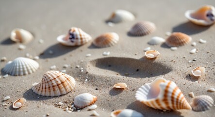 Poster - Close-Up View of Sandy Beach Featuring Delicate Seashells and a Subtle Footprint Showcasing the Natural Beauty of Coastal Landscapes
