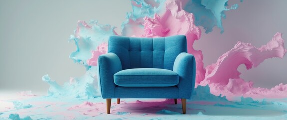 Poster - modern designer armchair with vibrant blue upholstery against a colorful abstract background for sty