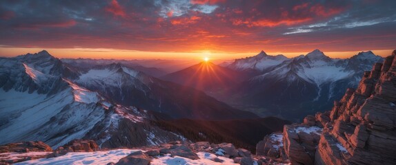Wall Mural - majestic mountain sunset view with dramatic clouds and vibrant colors illuminating the peaks and val