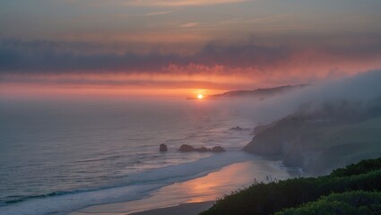 Wall Mural - Foggy Coastal Sunset Over Tranquil Waves with Scenic Cliffs and Vibrant Sky Reflections at Dusk in a Serene Coastal Environment